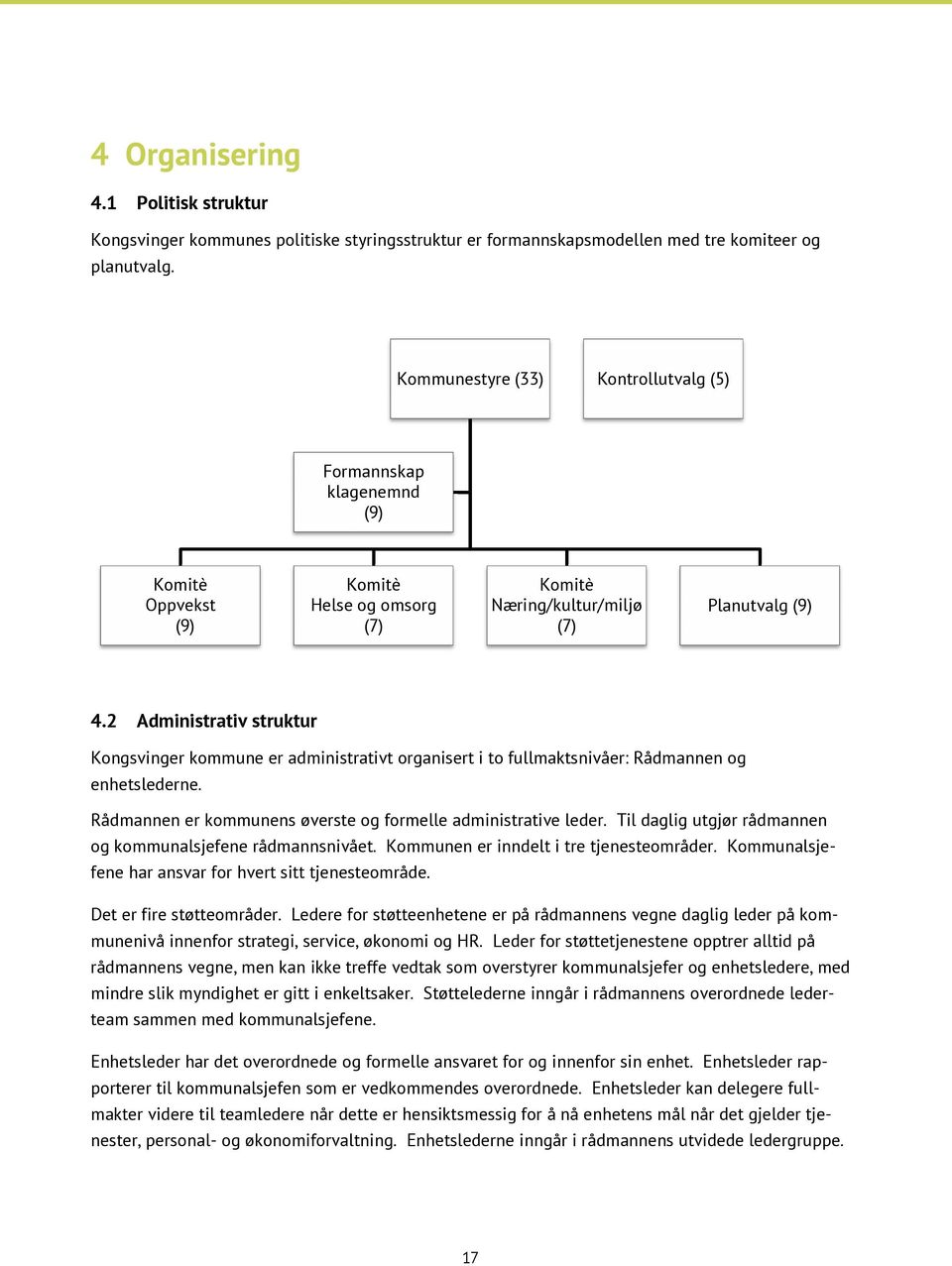 2 Administrativ struktur Kongsvinger kommune er administrativt organisert i to fullmaktsnivåer: Rådmannen og enhetslederne. Rådmannen er kommunens øverste og formelle administrative leder.