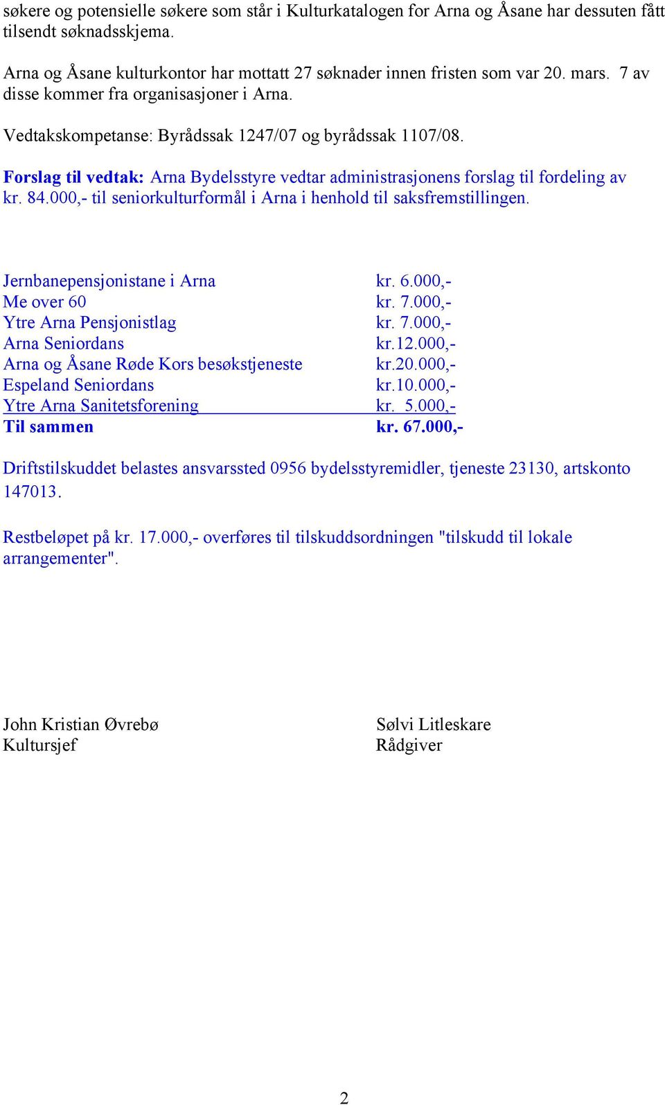 000,- til seniorkulturformål i Arna i henhold til saksfremstillingen. Jernbanepensjonistane i Arna kr. 6.000,- Me over 60 kr. 7.000,- Ytre Arna Pensjonistlag kr. 7.000,- Arna Seniordans kr.12.