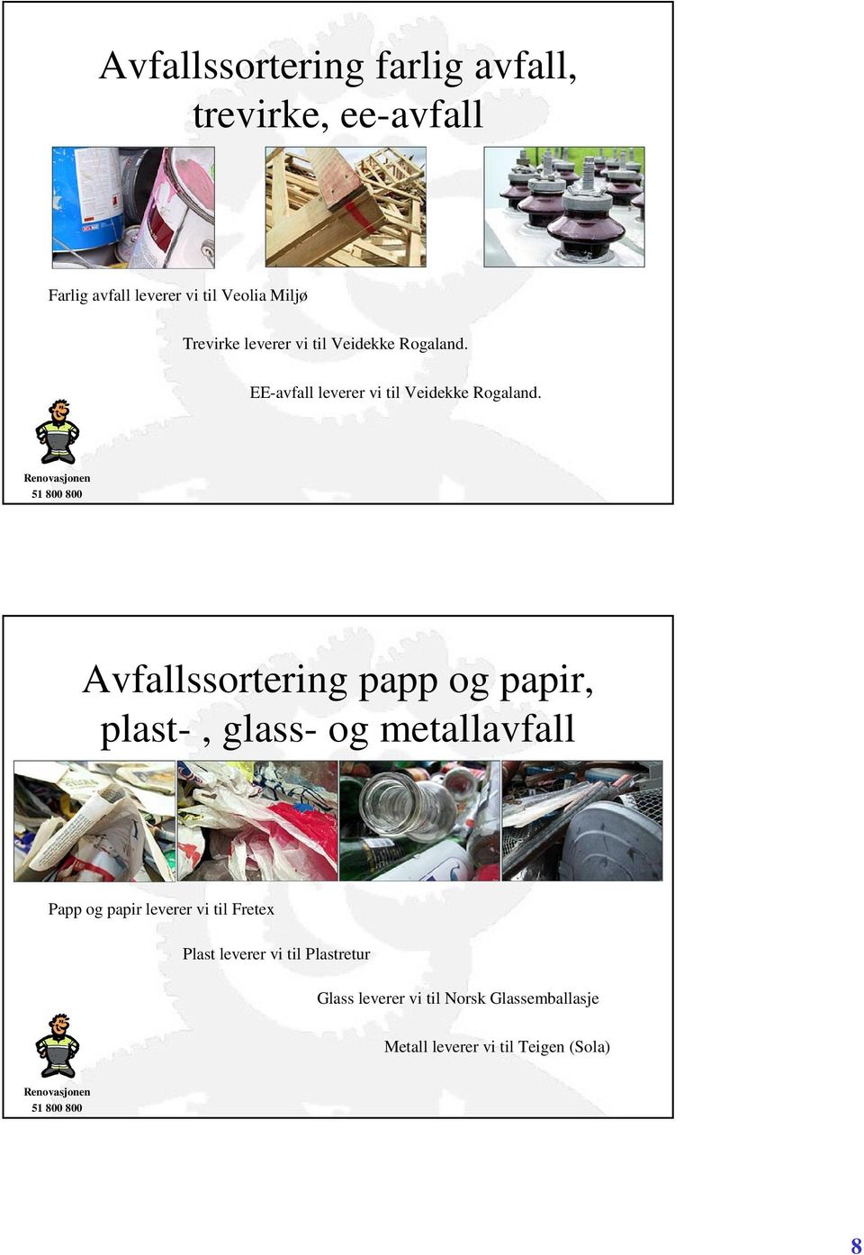 Avfallssortering papp og papir, plast-, glass- og metallavfall Papp og papir leverer vi til