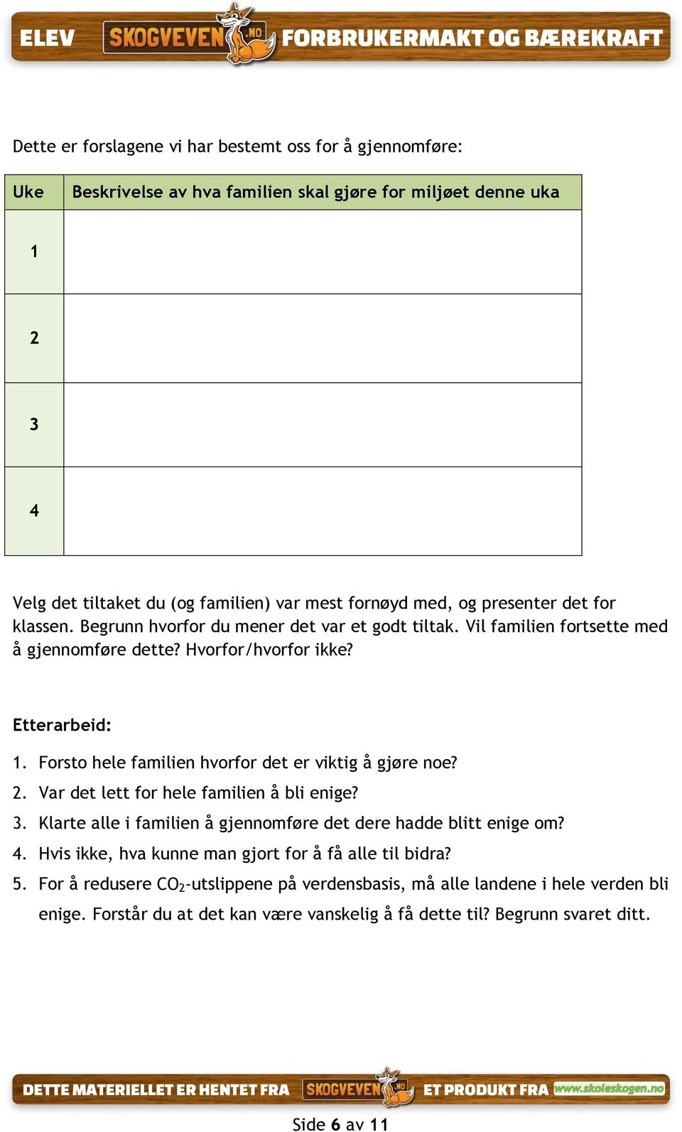 Forsto hele familien hvorfor det er viktig å gjøre noe? 2. Var det lett for hele familien å bli enige? 3. Klarte alle i familien å gjennomføre det dere hadde blitt enige om? 4.