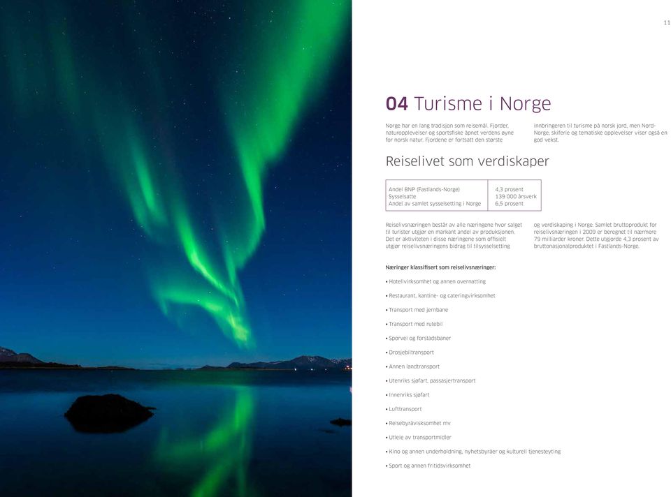 Reiselivet som verdiskaper Andel BNP (Fastlands-Norge) Sysselsatte Andel av samlet sysselsetting i Norge 4,3 prosent 139 000 årsverk 6,5 prosent Reiselivsnæringen består av alle næringene hvor salget
