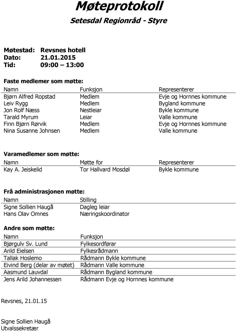 Tarald Myrum Leiar Valle kommune Finn Bjørn Rørvik Medlem Evje og Hornnes kommune Nina Susanne Johnsen Medlem Valle kommune Varamedlemer som møtte: Namn Møtte for Representerer Kay A.