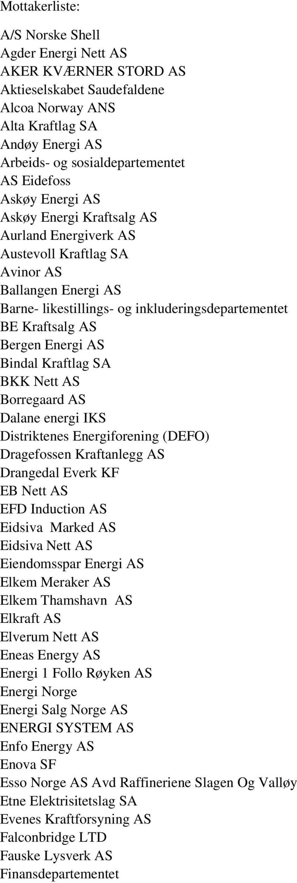 Bindal Kraftlag SA BKK Nett AS Borregaard AS Dalane energi IKS Distriktenes Energiforening (DEFO) Dragefossen Kraftanlegg AS Drangedal Everk KF EB Nett AS EFD Induction AS Eidsiva Marked AS Eidsiva