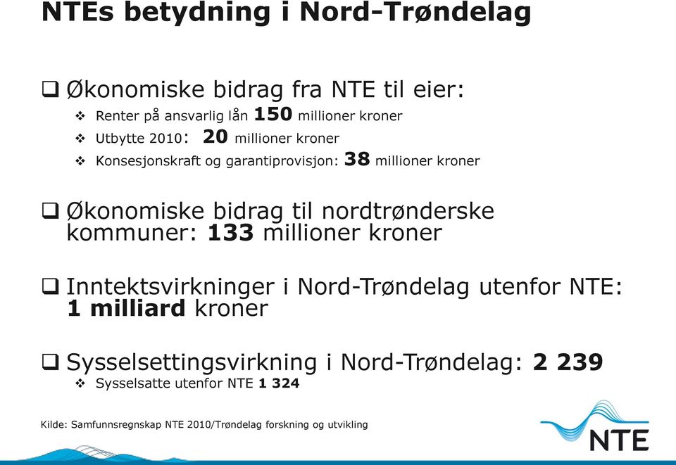 kommuner: 133 millioner kroner Inntektsvirkninger i Nord-Trøndelag utenfor NTE: 1 milliard kroner Sysselsettingsvirkning