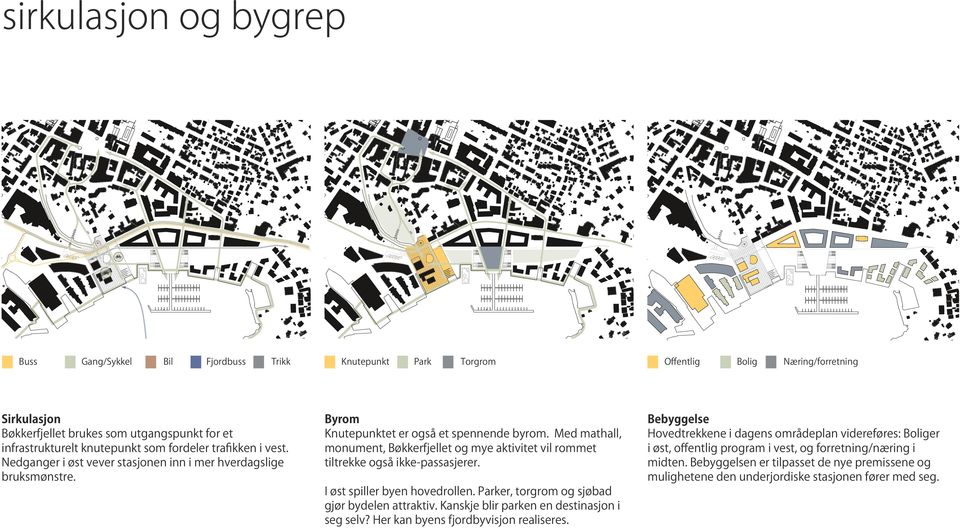 Med mathall, monument, Bøkkerfjellet og mye aktivitet vil rommet tiltrekke også ikke-passasjerer. I øst spiller byen hovedrollen. Parker, torgrom og sjøbad gjør bydelen attraktiv.