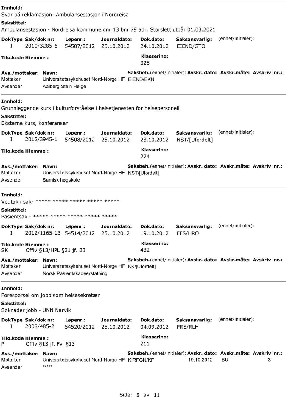 : Mottaker niversitetssykehuset Nord-Norge HF EEND/EKN Aalberg Stein Helge Grunnleggende kurs i kulturforståelse i helsetjenesten for helsepersonell Eksterne kurs, konferanser 2012/3945-1 54508/2012