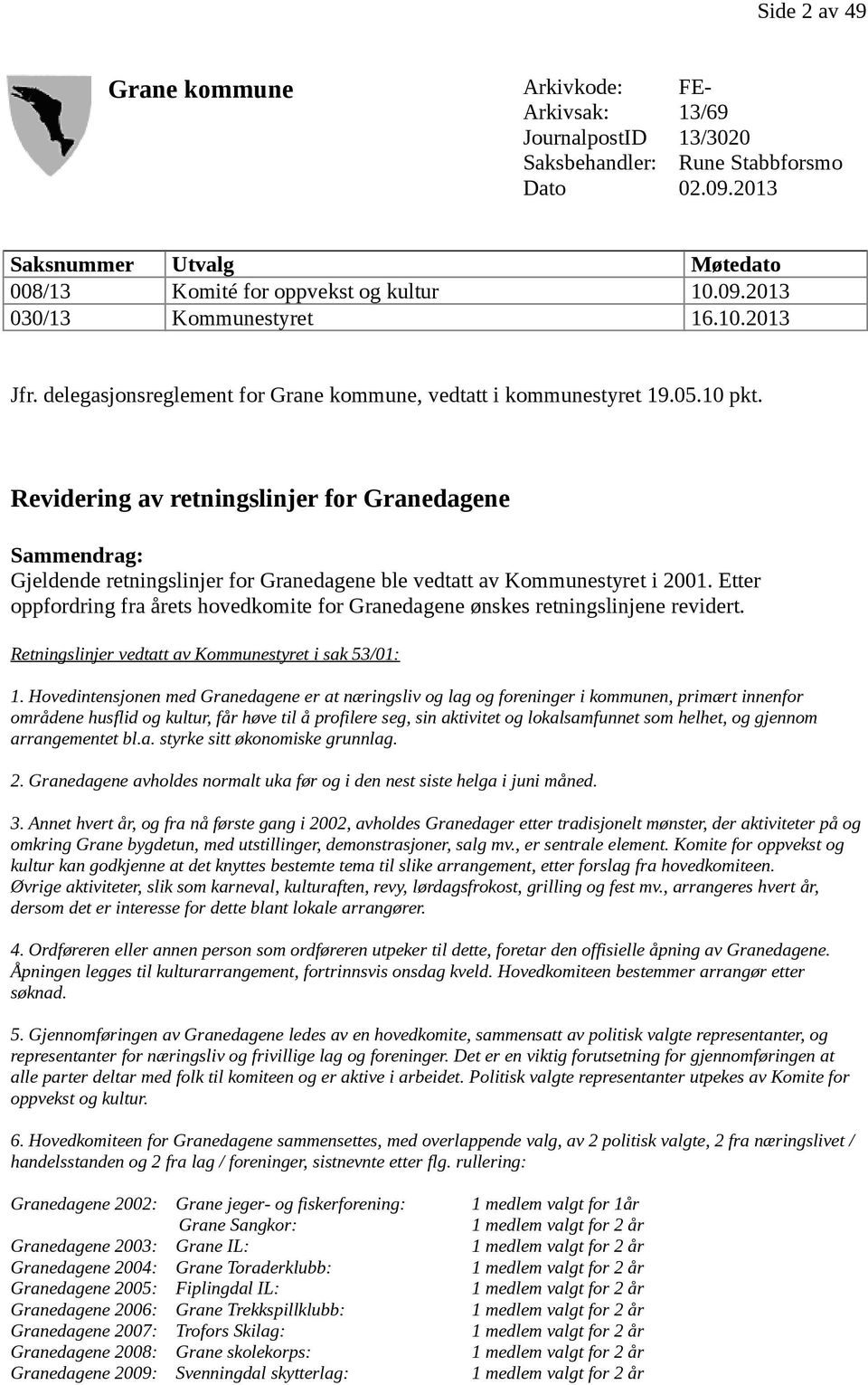 Revidering av retningslinjer for Granedagene Sammendrag: Gjeldende retningslinjer for Granedagene ble vedtatt av Kommunestyret i 2001.