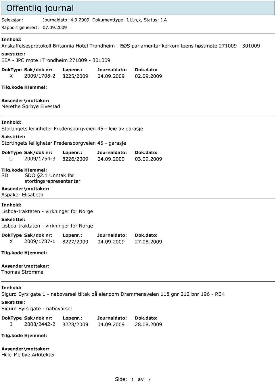 2009 Anskaffelsesprotokoll Britannia Hotel Trondheim - EØS parlamentarikerkomiteens høstmøte 271009-301009 EEA - JPC møte i Trondheim 271009-301009 2009/1708-2 8225/2009 02.09.2009 Merethe Sørbye Elvestad Stortingets leiligheter Fredensborgveien 45 - leie av garasje Stortingets leiligheter Fredensborgveien 45 - garasje Tilg.