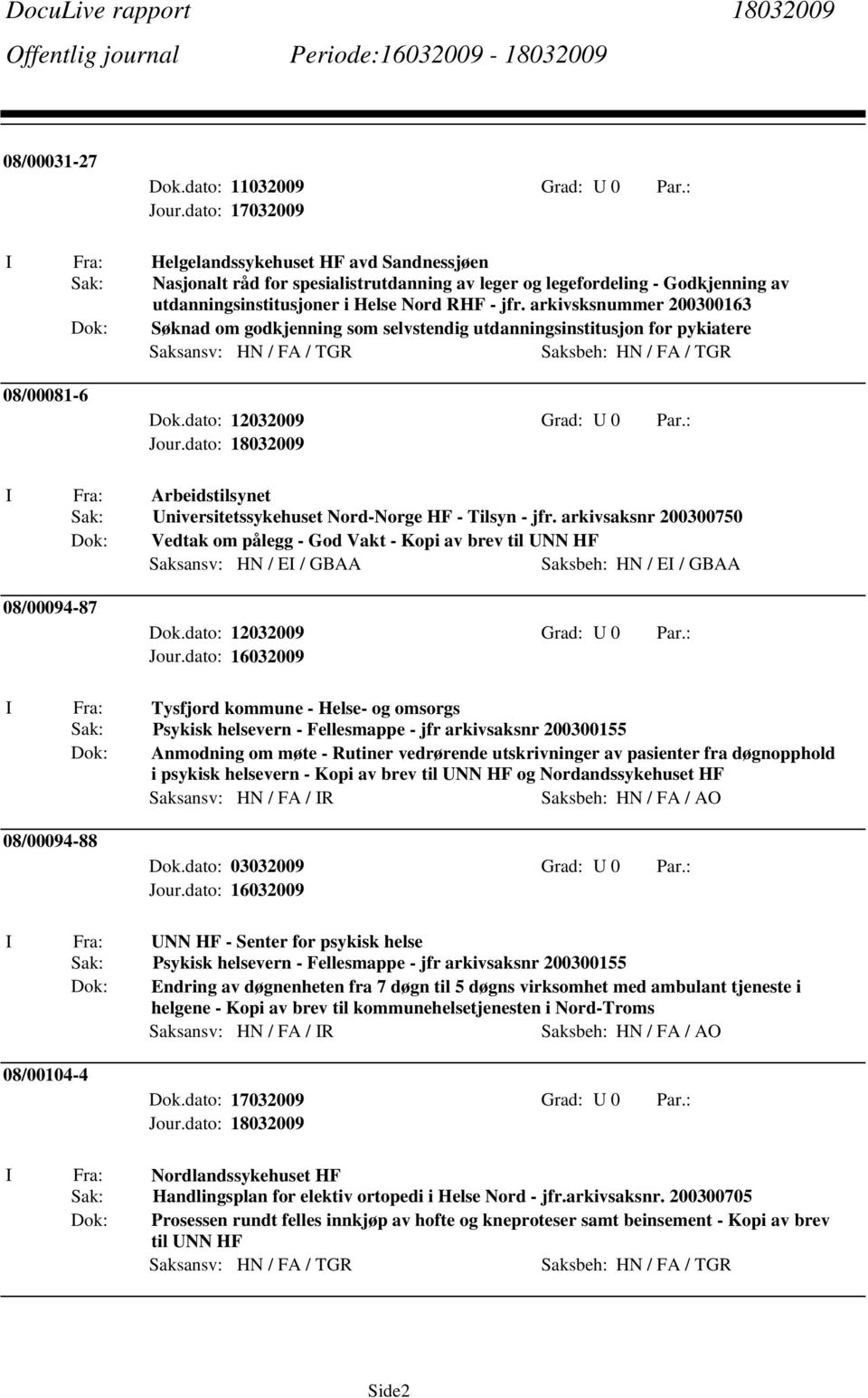 arkivsksnummer 200300163 Søknad om godkjenning som selvstendig utdanningsinstitusjon for pykiatere Saksansv: HN / FA / TGR Saksbeh: HN / FA / TGR 08/00081-6 Dok.dato: 12032009 Grad: U 0 Par.