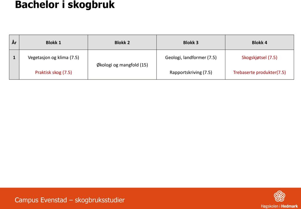 5) Vitenskapelig metode og statistikk (15) ELLER Skogforvaltning i kystnære strøk (7.5) Næringsutvikling og økonomi Bioenergi (7.