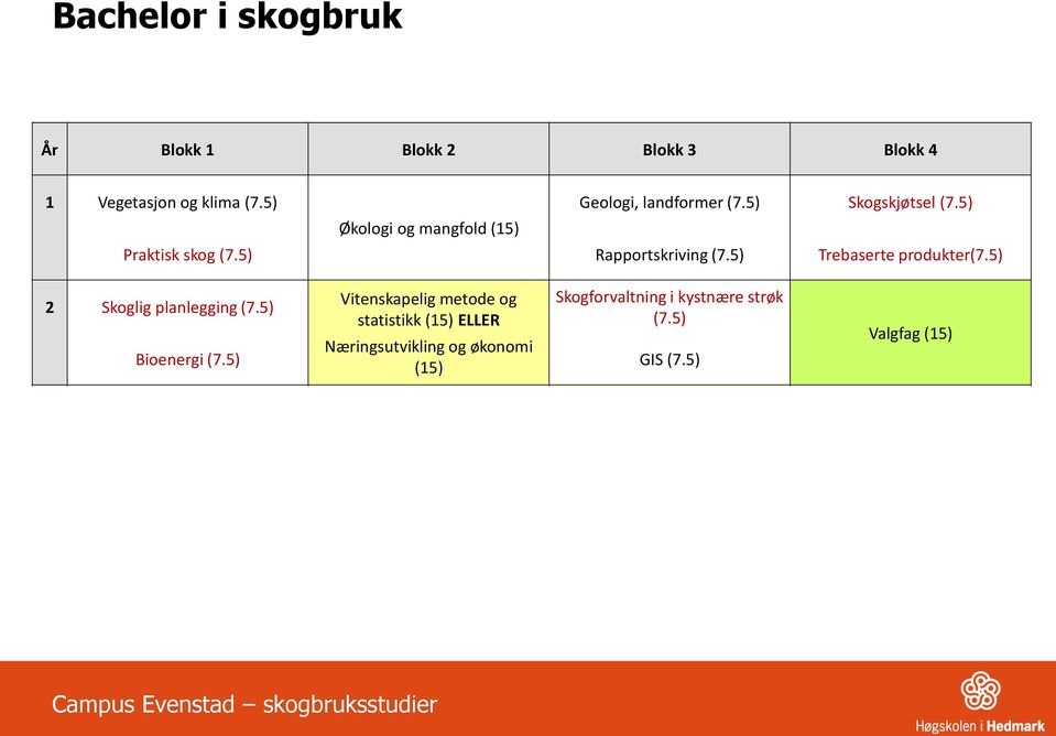 5) Vitenskapelig metode og statistikk (15) ELLER Skogforvaltning i kystnære strøk (7.5) Næringsutvikling og økonomi Bioenergi (7.