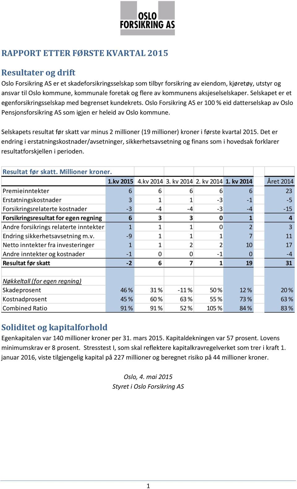 Oslo Forsikring AS er 100 % eid datterselskap av Oslo Pensjonsforsikring AS som igjen er heleid av Oslo kommune.