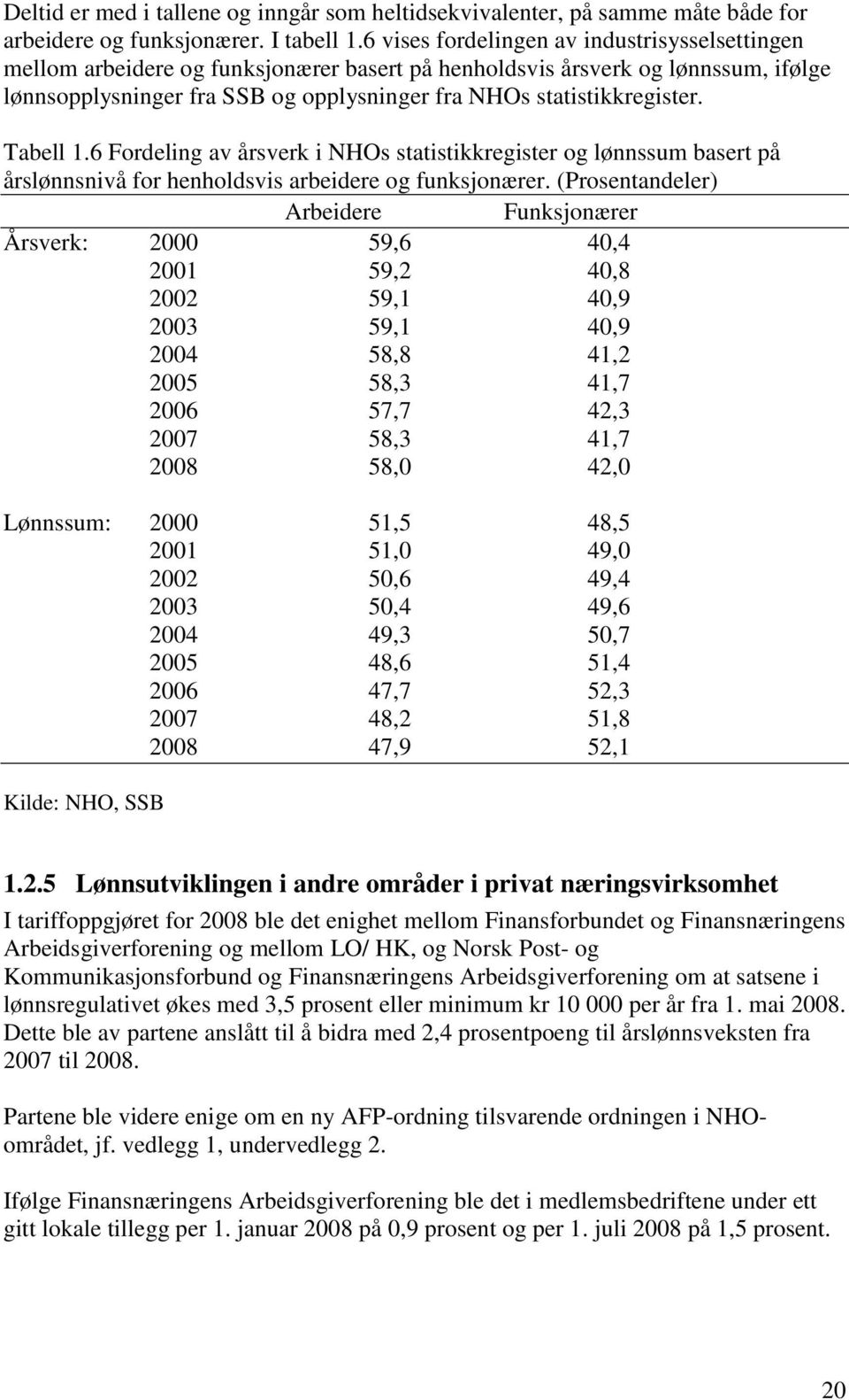 Tabell 1.6 Fordeling av årsverk i NHOs statistikkregister og lønnssum basert på årslønnsnivå for henholdsvis arbeidere og funksjonærer.