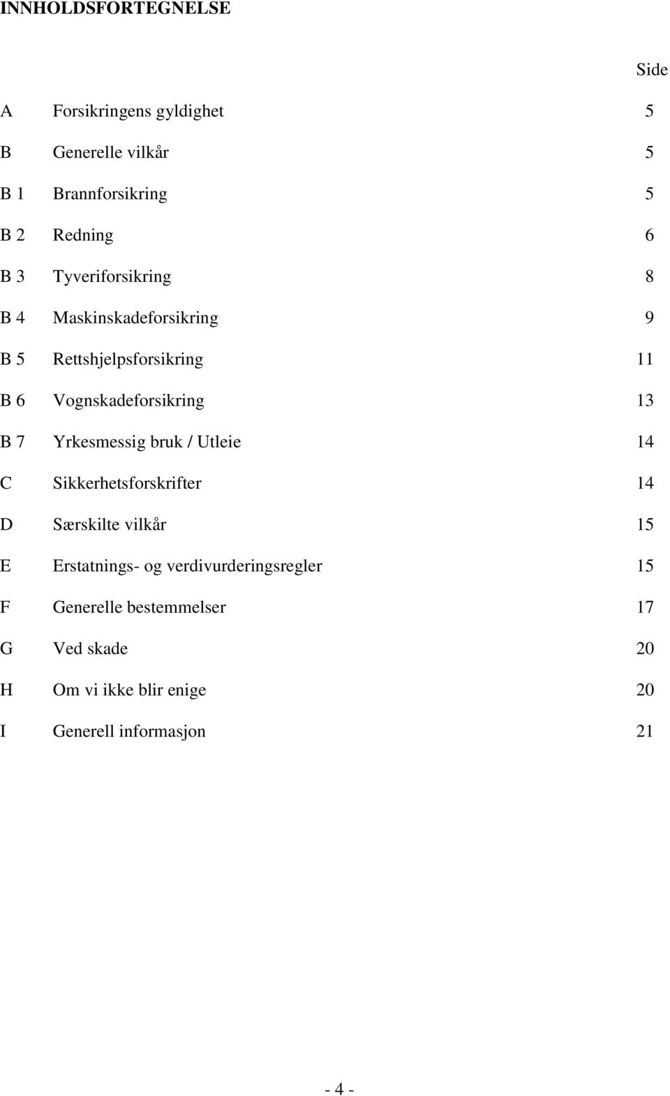 Yrkesmessig bruk / Utleie 14 C Sikkerhetsforskrifter 14 D Særskilte vilkår 15 E Erstatnings- og