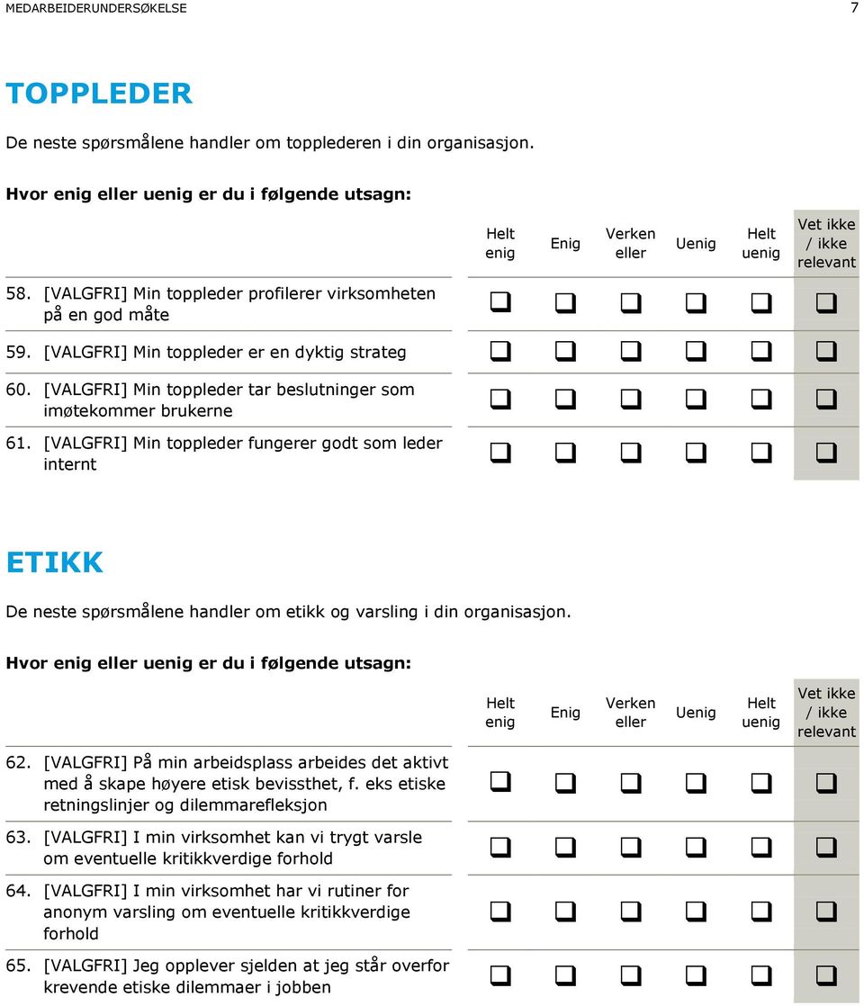 [VALGFRI] Min toppleder fungerer godt som leder internt ETIKK De neste spørsmålene handler om etikk og varsling i din organisasjon. Hvor u er du i følgende utsagn: u 62.