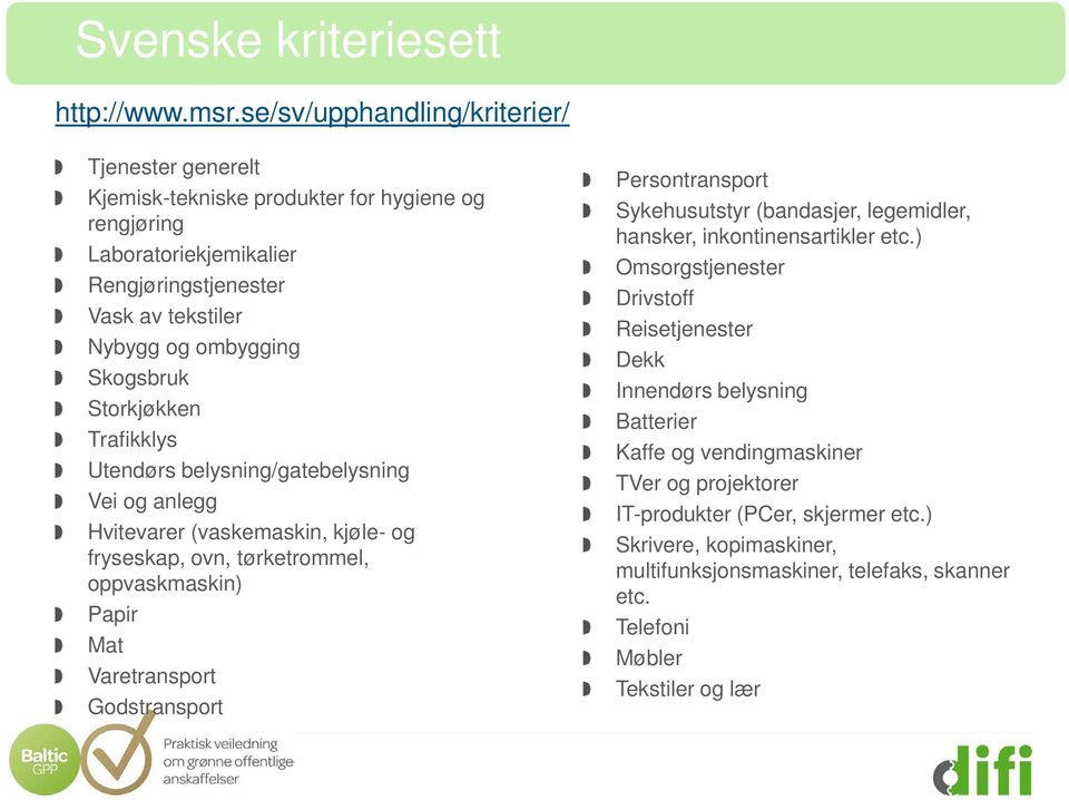 Skogsbruk Storkjøkken Trafikklys Utendørs belysning/gatebelysning Vei og anlegg Hvitevarer (vaskemaskin, kjøle- og fryseskap, ovn, tørketrommel, oppvaskmaskin) Papir Mat Varetransport