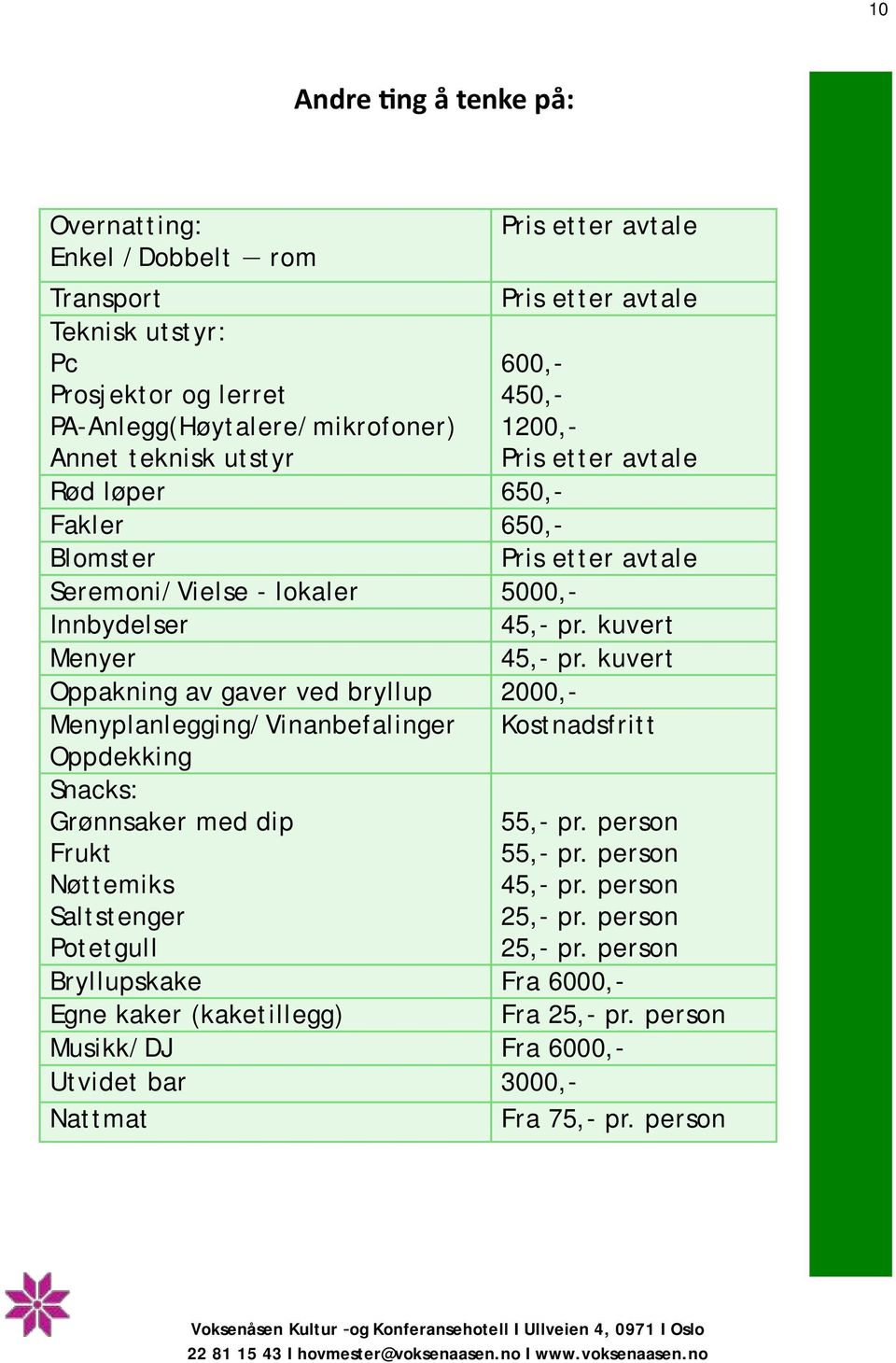 kuvert Oppakning av gaver ved bryllup 2000,- Menyplanlegging/Vinanbefalinger Kostnadsfritt Oppdekking Snacks: Grønnsaker med dip Frukt Nøttemiks Saltstenger Potetgull 55,- pr.