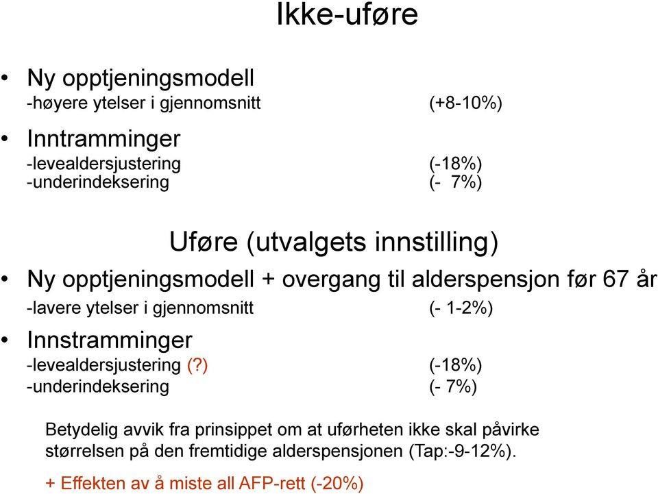 ytelser i gjennomsnitt (- 1-2%) Innstramminger -levealdersjustering (?