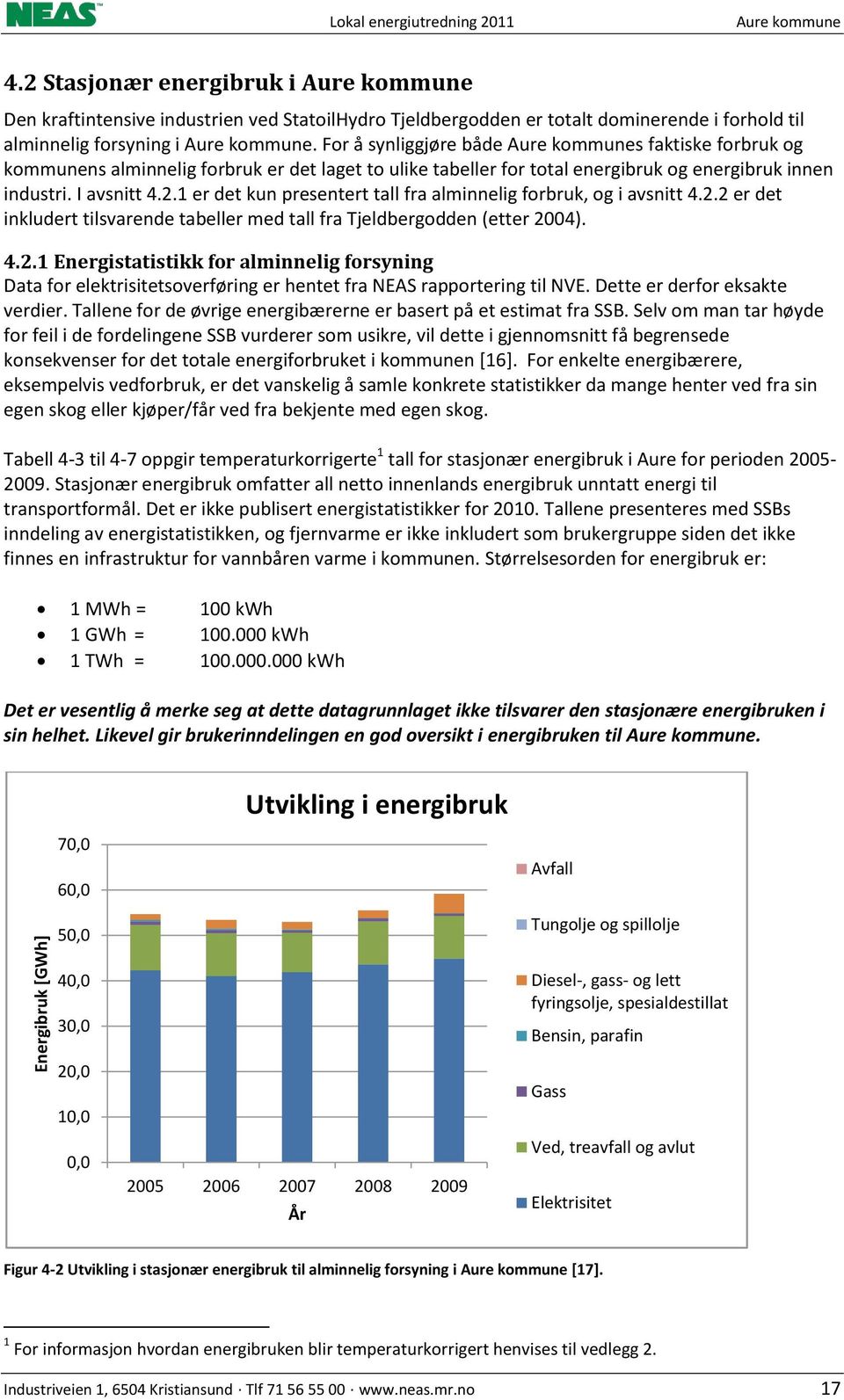 For å synliggjøre både Aure kommunes faktiske forbruk og kommunens alminnelig forbruk er det laget to ulike tabeller for total energibruk og energibruk innen industri. I avsnitt 4.2.