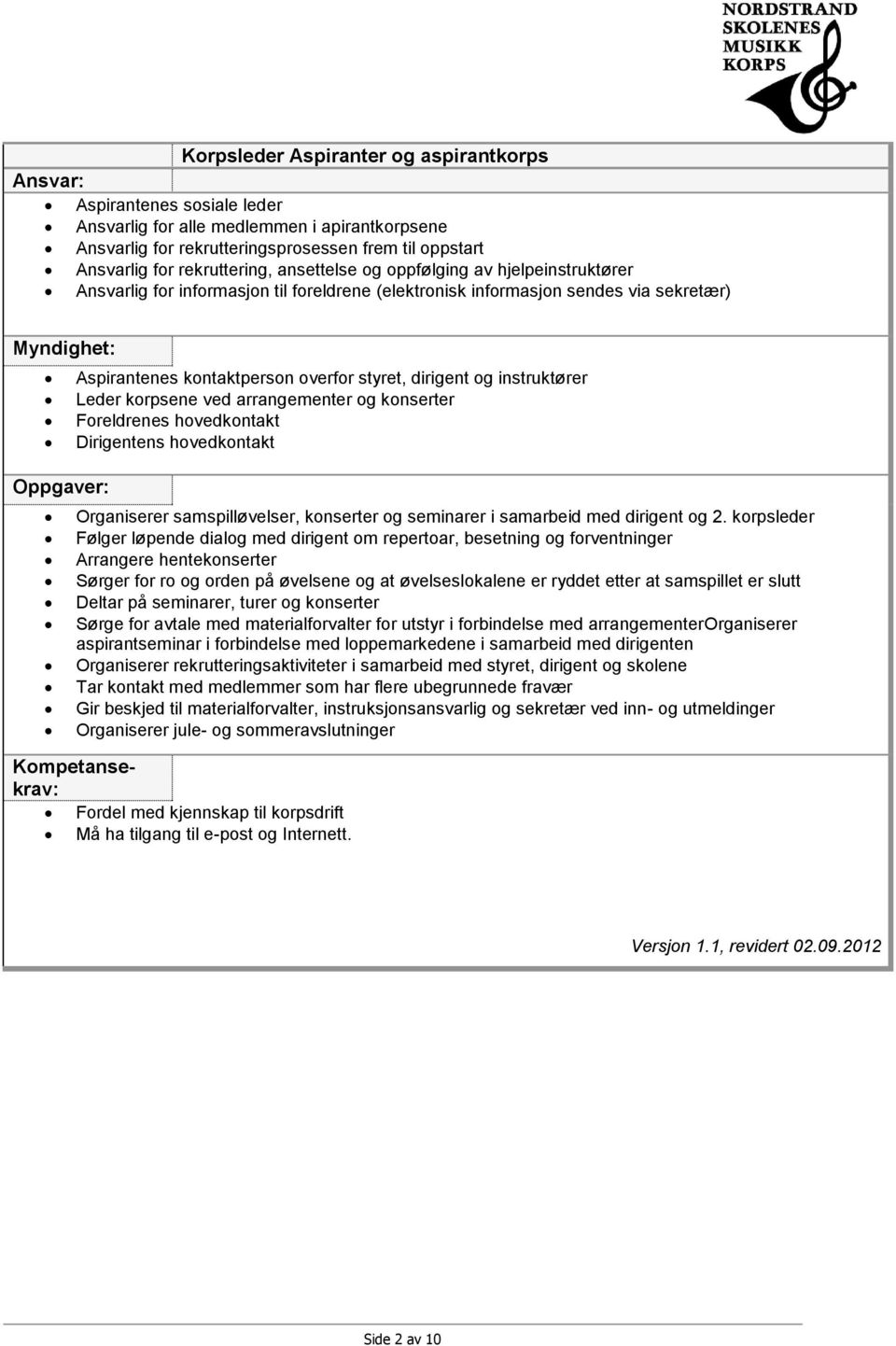 instruktører Leder korpsene ved arrangementer og konserter Foreldrenes hovedkontakt Dirigentens hovedkontakt Organiserer samspilløvelser, konserter og seminarer i samarbeid med dirigent og 2.