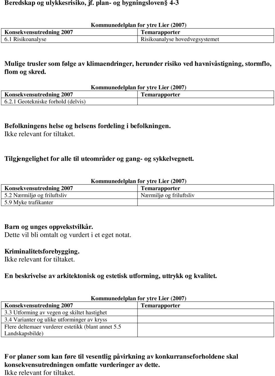 1 Geotekniske forhold (delvis) Befolkningens helse og helsens fordeling i befolkningen. Tilgjengelighet for alle til uteområder og gang- og sykkelvegnett. 5.