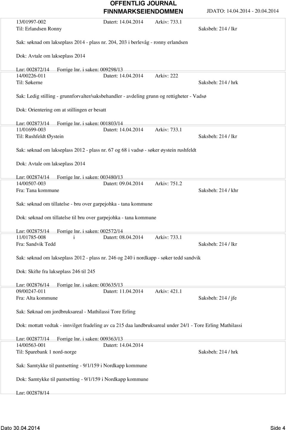 2014 Arkiv: 222 Til: Søkerne Saksbeh: 214 / hrk Sak: Ledig stilling - grunnforvalter/saksbehandler - avdeling grunn og rettigheter - Vadsø Dok: Orientering om at stillingen er besatt Lnr: 002873/14