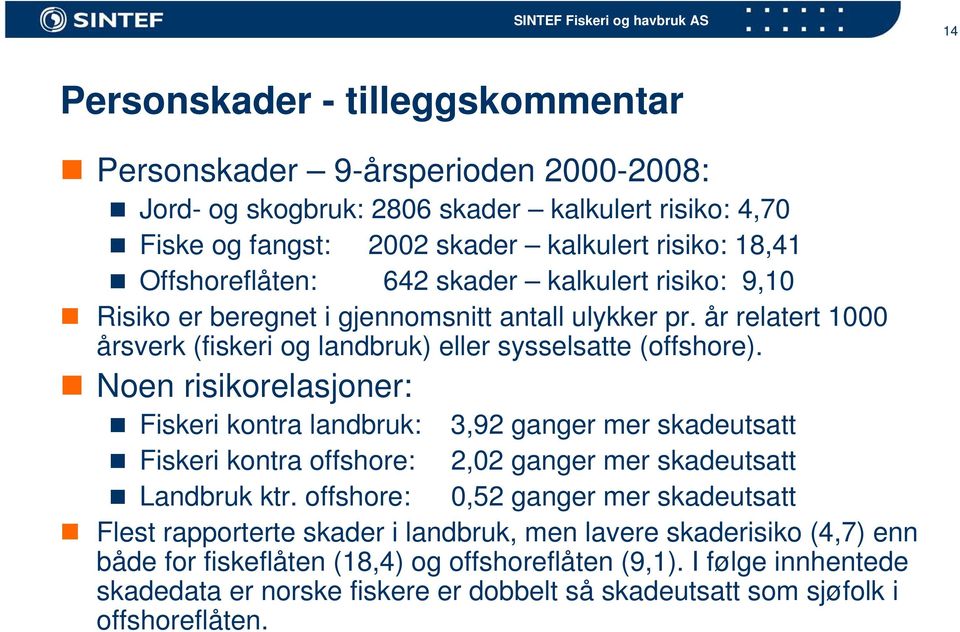 Noen risikorelasjoner: Fiskeri kontra landbruk: 3,92 ganger mer skadeutsatt Fiskeri kontra offshore: 2,02 ganger mer skadeutsatt Landbruk ktr.