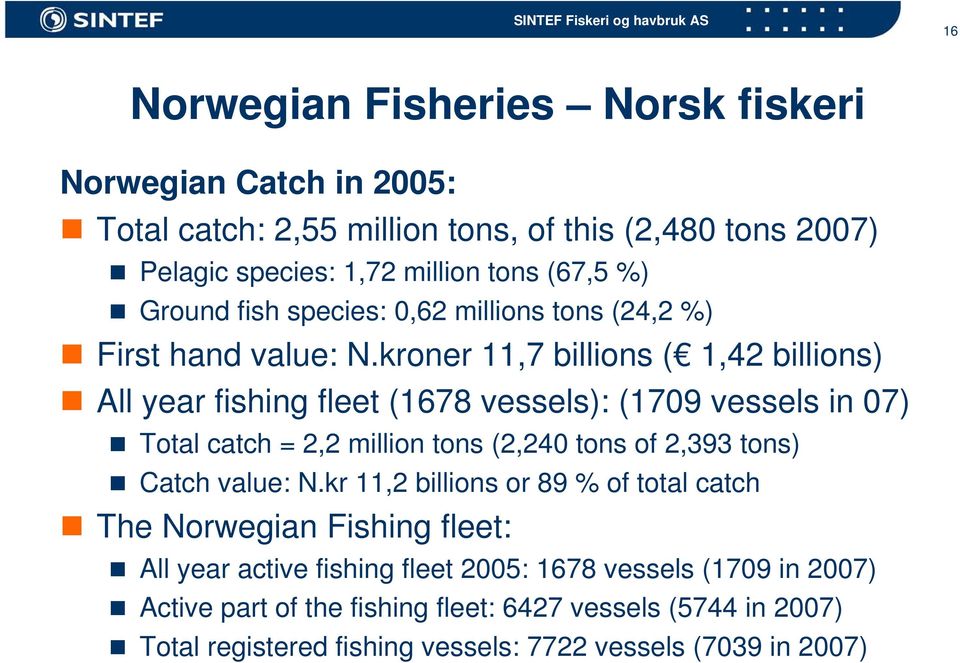 kroner 11,7 billions ( 1,42 billions) All year fishing fleet (1678 vessels): (1709 vessels in 07) Total catch = 2,2 million tons (2,240 tons of 2,393 tons) Catch