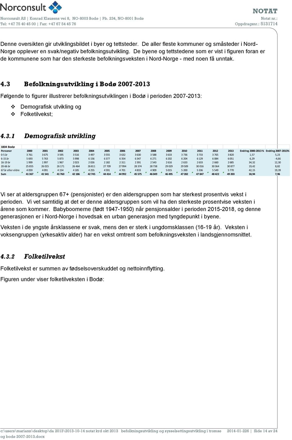 3 Befolkningsutvikling i Bodø 2007-2013 Følgende to figurer illustrerer befolkningsutviklingen i Bodø i perioden 2007-2013: Demografisk utvikling og Folketilvekst; 4.3.1 Demografisk utvikling 1804