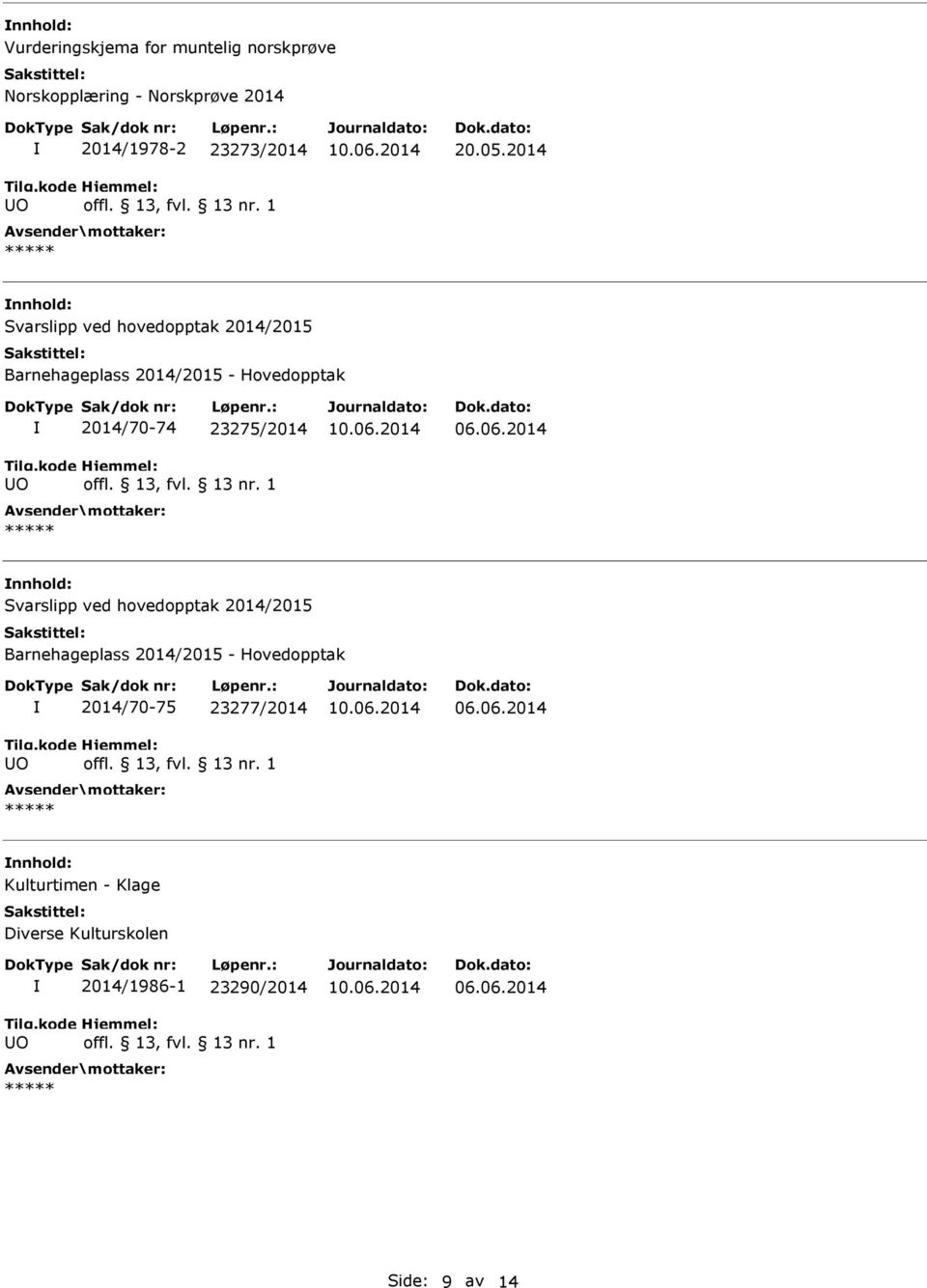 2014 Svarslipp ved hovedopptak 2014/2015 Barnehageplass 2014/2015 - Hovedopptak O 2014/70-74