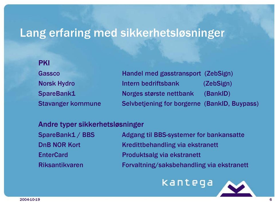 Andre typer sikkerhetsløsninger SpareBank1 / BBS Adgang til BBS-systemer for bankansatte DnB NOR Kort