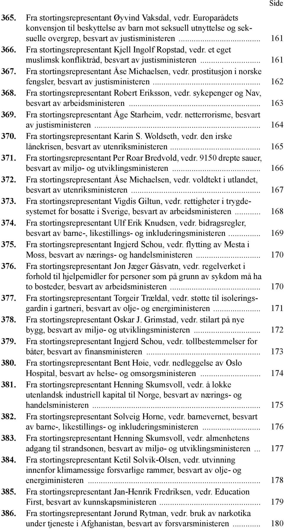 prostitusjon i norske fengsler, besvart av justisministeren... 162 368. Fra stortingsrepresentant Robert Eriksson, vedr. sykepenger og Nav, besvart av arbeidsministeren... 163 369.