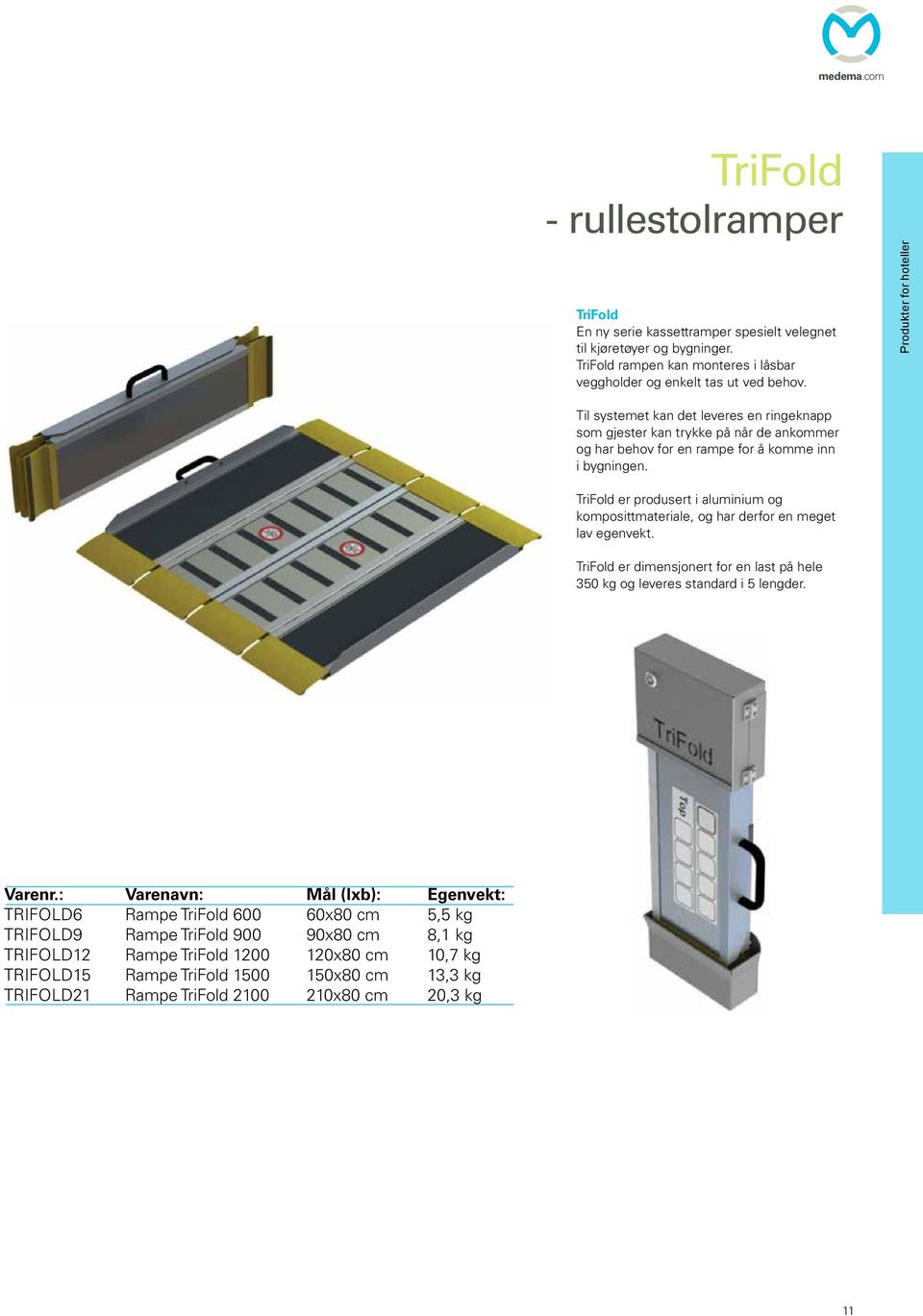 TriFold er produsert i aluminium og komposittmateriale, og har derfor en meget lav egenvekt. TriFold er dimensjonert for en last på hele 350 kg og leveres standard i 5 lengder. Varenr.