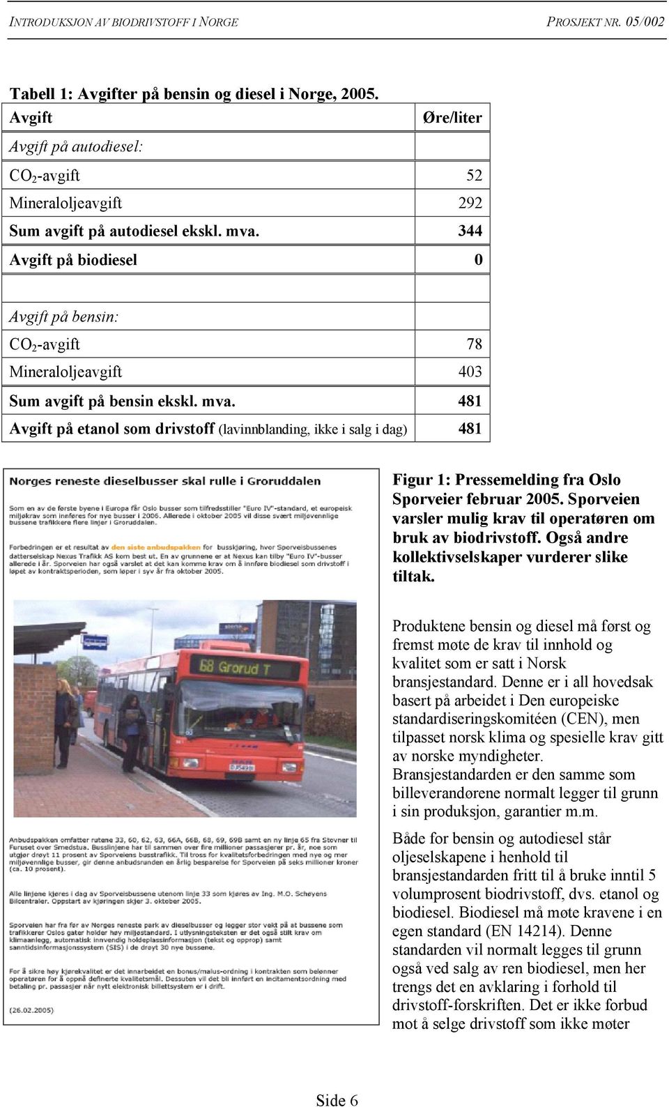 481 Avgift på etanol som drivstoff (lavinnblanding, ikke i salg i dag) 481 Figur 1: Pressemelding fra Oslo Sporveier februar 2005. Sporveien varsler mulig krav til operatøren om bruk av biodrivstoff.