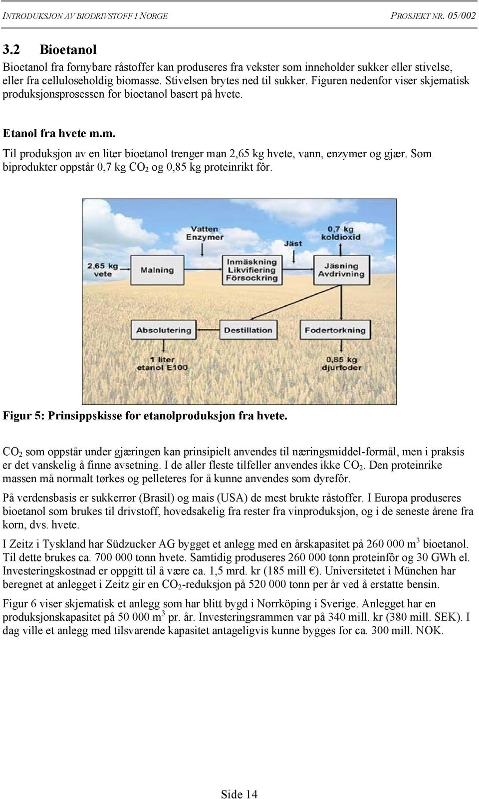 Som biprodukter oppstår 0,7 kg CO 2 og 0,85 kg proteinrikt fôr. Figur 5: Prinsippskisse for etanolproduksjon fra hvete.