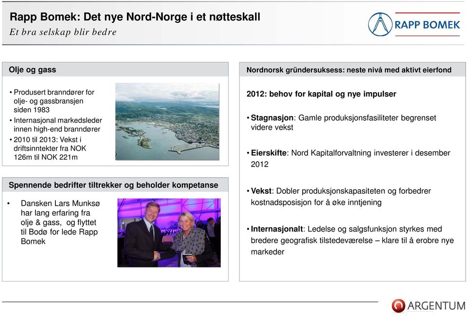 produksjonsfasiliteter begrenset videre vekst Eierskifte: Nord Kapitalforvaltning investerer i desember 2012 Spennende bedrifter tiltrekker og beholder kompetanse Dansken Lars Munksø har lang