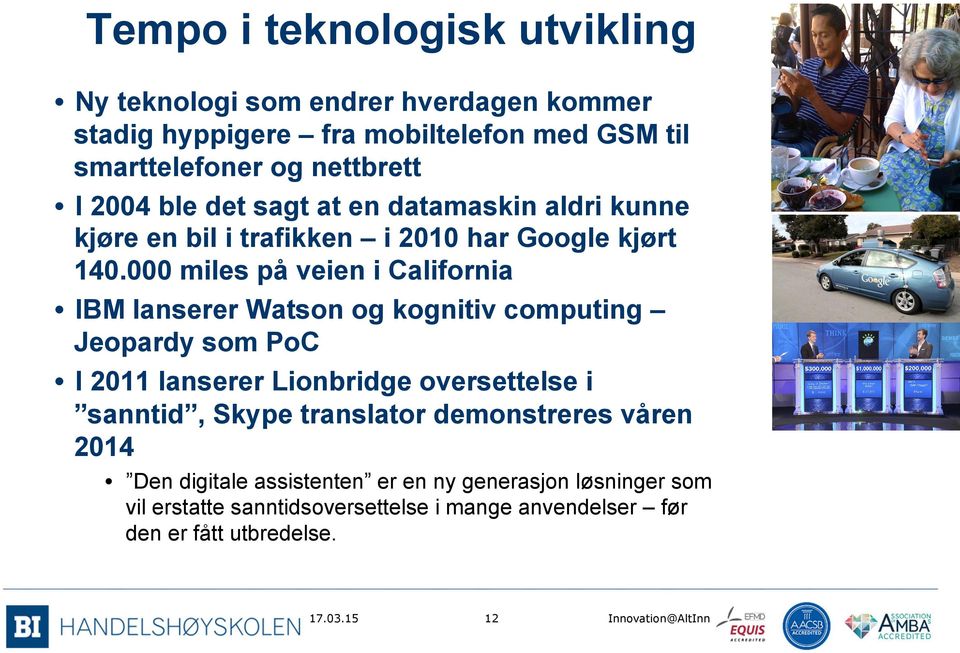 000 miles på veien i California IBM lanserer Watson og kognitiv computing Jeopardy som PoC I 2011 lanserer Lionbridge oversettelse i sanntid,