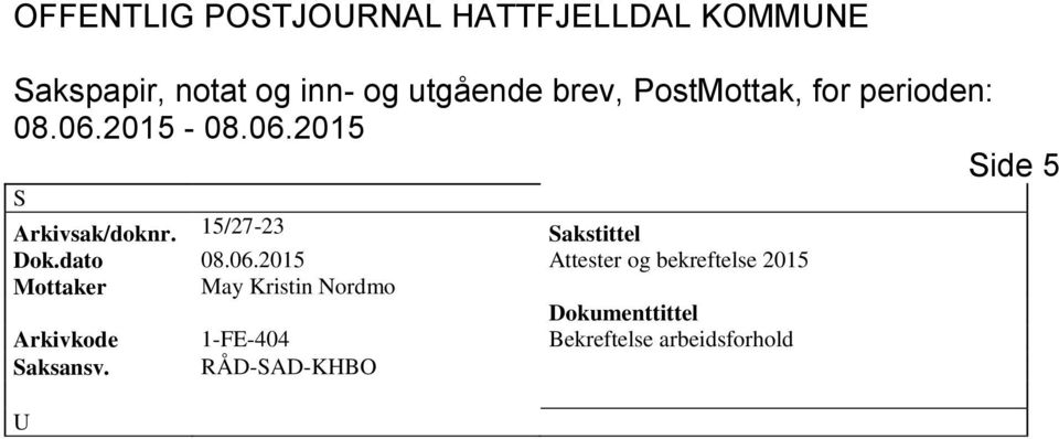 2015 Attester og bekreftelse 2015 Mottaker May Kristin