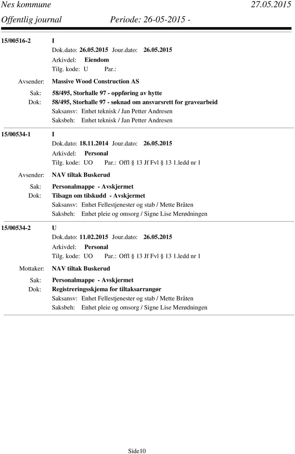 2014 Jour.dato: 26.05.2015 Tilsagn om tilskudd - Avskjermet Saksbeh: Enhet pleie og omsorg / Signe Lise Merødningen 15/00534-2 U Dok.