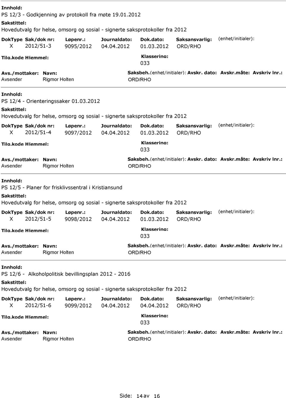 2012 Hovedutvalg for helse, omsorg og sosial - signerte saksprotokoller fra 2012 2012/51-4 9097/2012 01.03.