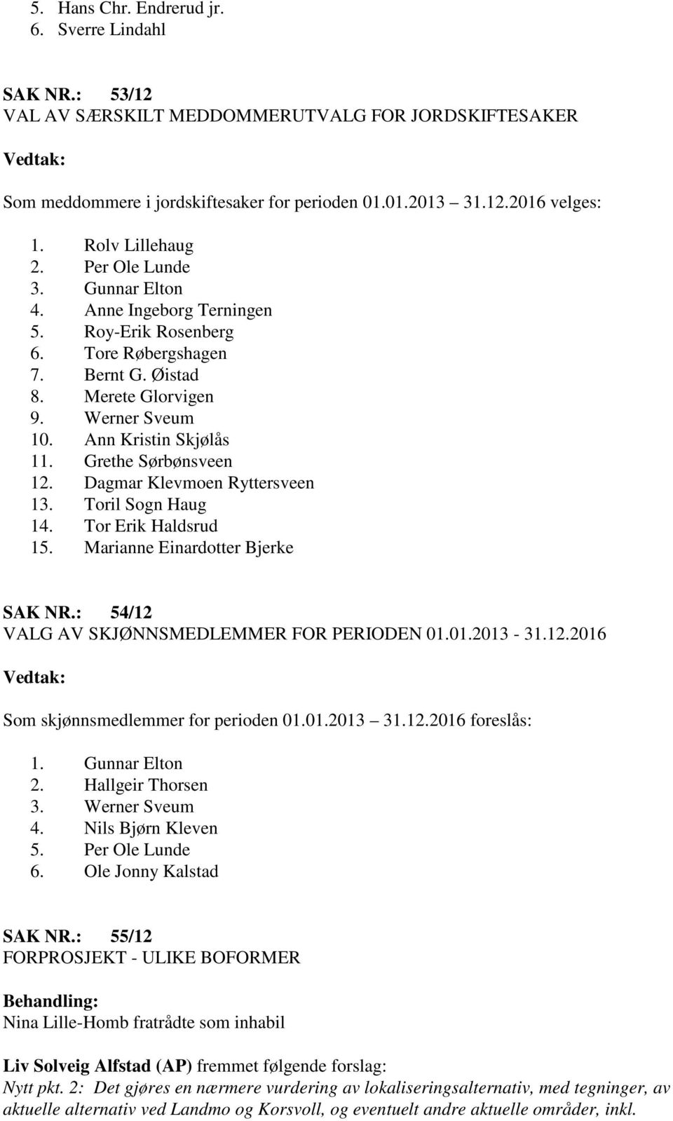 Grethe Sørbønsveen 12. Dagmar Klevmoen Ryttersveen 13. Toril Sogn Haug 14. Tor Erik Haldsrud 15. Marianne Einardotter Bjerke SAK NR.: 54/12 VALG AV SKJØNNSMEDLEMMER FOR PERIODEN 01.01.2013-31.12.2016 Som skjønnsmedlemmer for perioden 01.