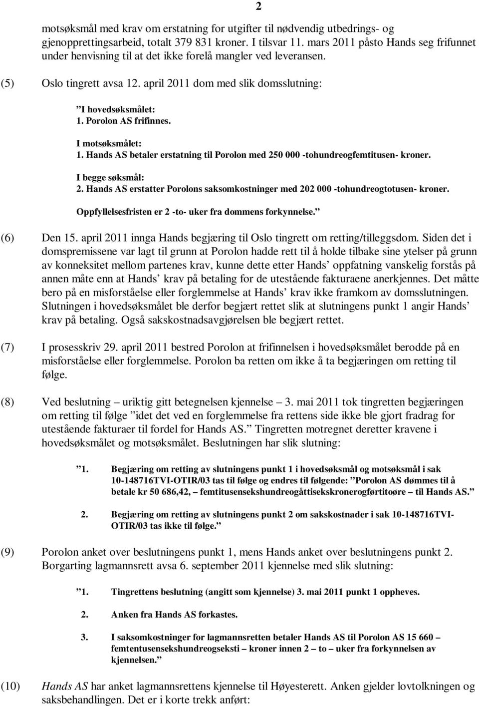 Porolon AS frifinnes. I motsøksmålet: 1. Hands AS betaler erstatning til Porolon med 250 000 -tohundreogfemtitusen- kroner. I begge søksmål: 2.