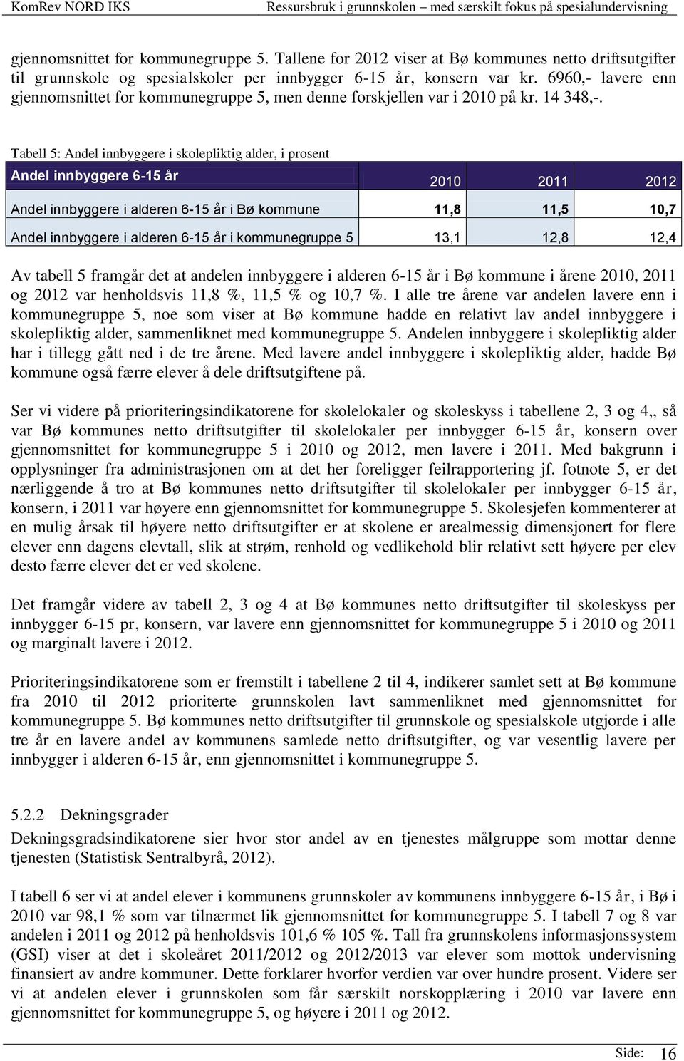 Tabell 5: Andel innbyggere i skolepliktig alder, i prosent Andel innbyggere 6-15 år 2010 2011 2012 Andel innbyggere i alderen 6-15 år i Bø kommune 11,8 11,5 10,7 Andel innbyggere i alderen 6-15 år i