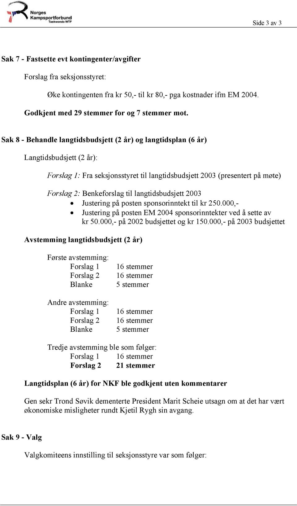 langtidsbudsjett 2003 Justering på posten sponsorinntekt til kr 250.000,- Justering på posten EM 2004 sponsorinntekter ved å sette av kr 50.000,- på 2002 budsjettet og kr 150.