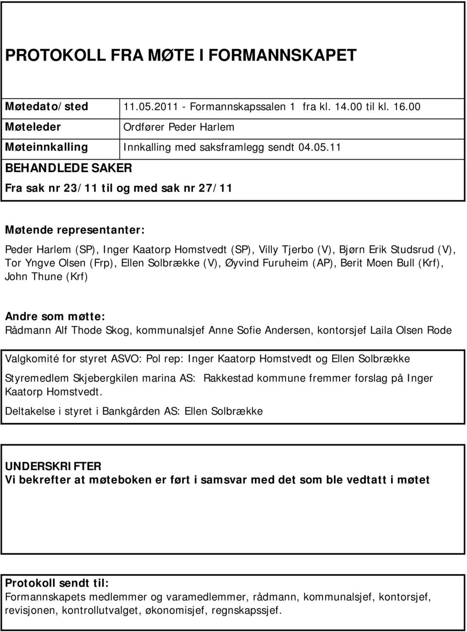 11 BEHANDLEDE SAKER Fra sak nr 23/11 til og med sak nr 27/11 Møtende representanter: Peder Harlem (SP), Inger Kaatorp Homstvedt (SP), Villy Tjerbo (V), Bjørn Erik Studsrud (V), Tor Yngve Olsen (Frp),