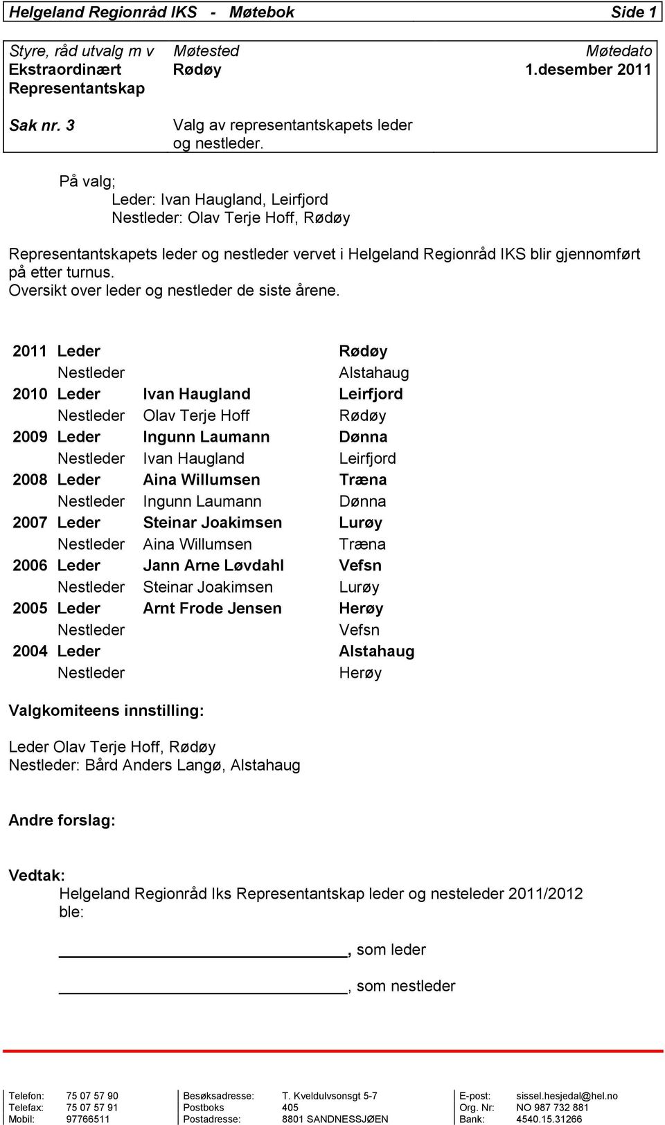 Oversikt over leder og nestleder de siste årene.