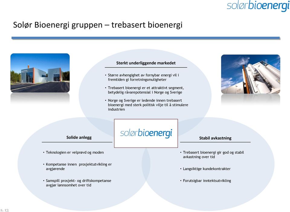 til å stimulere industrien Solide anlegg Stabil avkastning Teknologien er velprøvd og moden Kompetanse innen prosjektutvikling er avgjørende Trebasert bioenergi