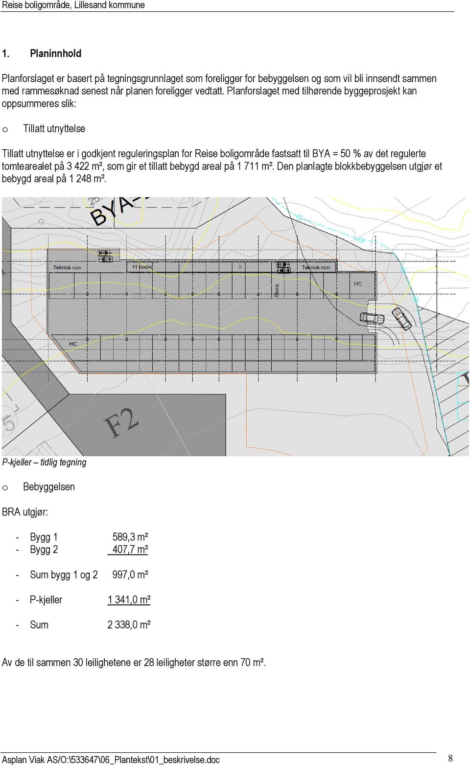 tomtearealet på 3 422 m², som gir et tillatt bebygd areal på 1 711 m². Den planlagte blokkbebyggelsen utgjør et bebygd areal på 1 248 m².