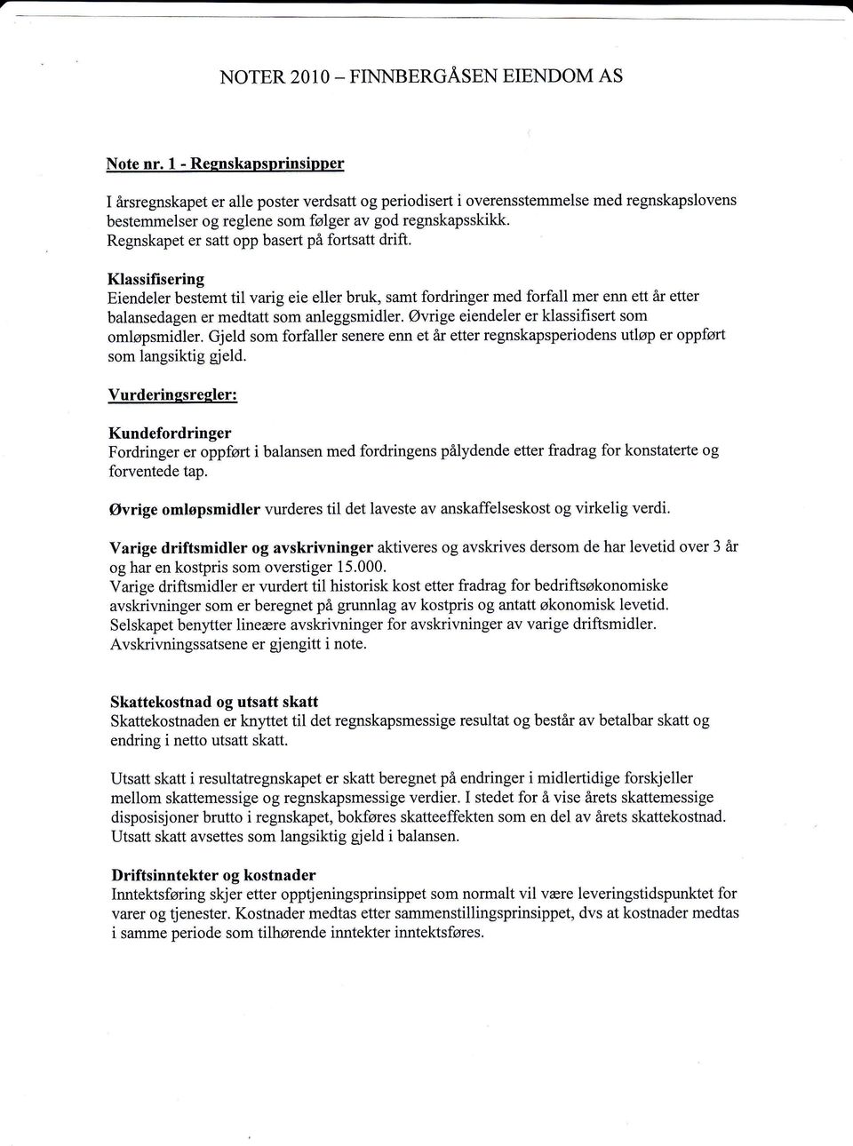 Regnskapet er satt opp basert på fortsatt drift. Klassifisering Eiendeler bestemt til varig eie eller bruk, samt fordringer med forfall mer enn ett år etter balansedagen er medtatt som anleggsmidler.