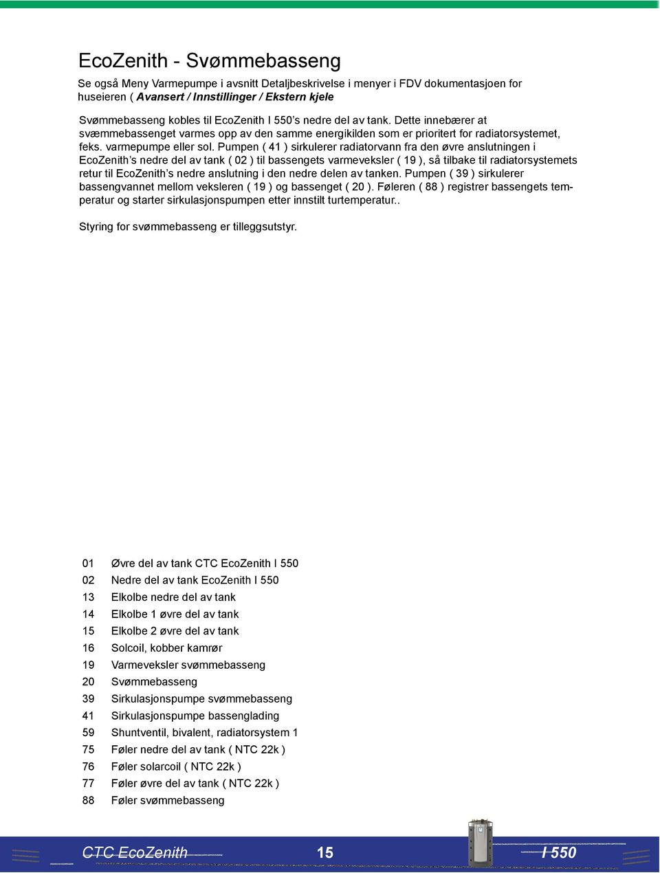 Pumpen ( 41 ) sirkulerer radiatorvann fra den øvre anslutningen i EcoZenith s nedre del av tank ( 02 ) til bassengets varmeveksler ( 19 ), så tilbake til radiatorsystemets retur til EcoZenith s nedre